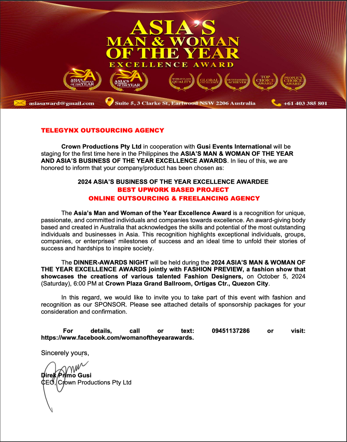 Asia's Business of the Year Excellence Award 2024 certificate