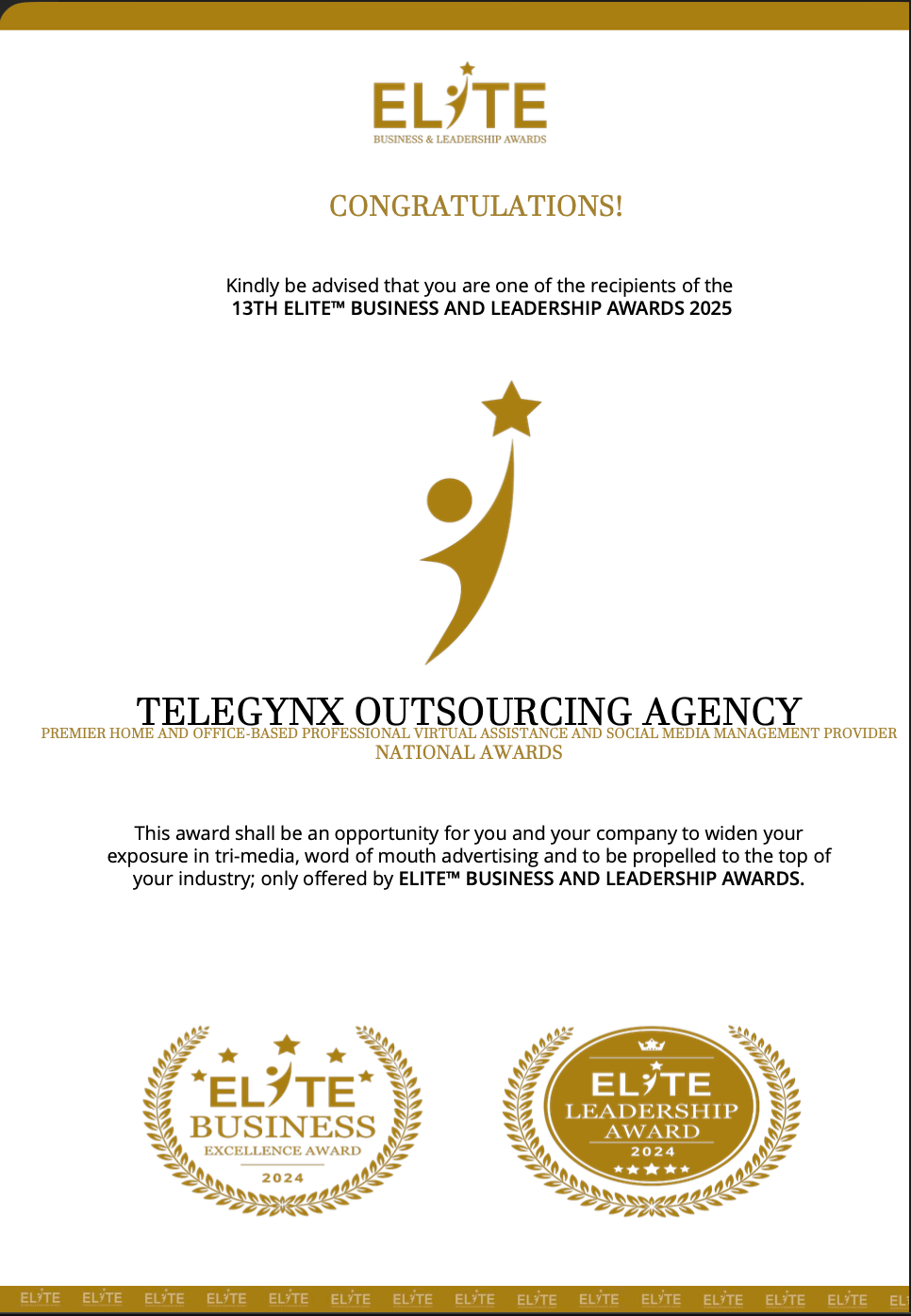 ELITE Business and Leadership Awards 2025 certificate
