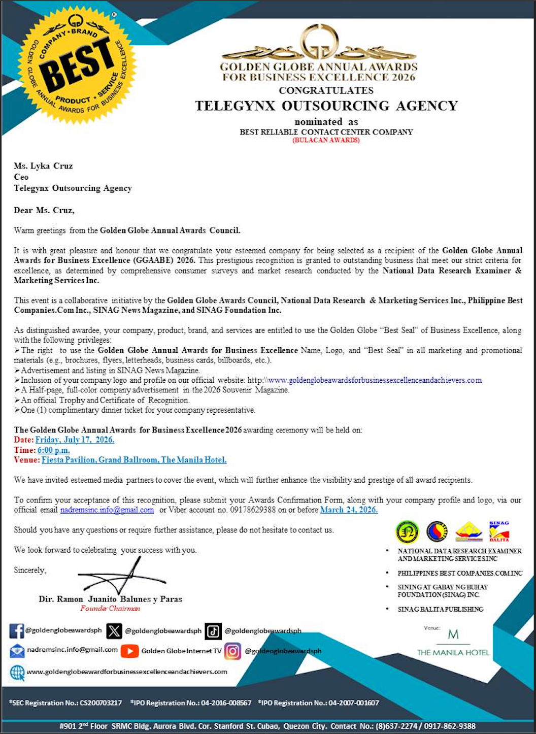 Golden Globe Annual Awards for Business Excellence 2026 certificate