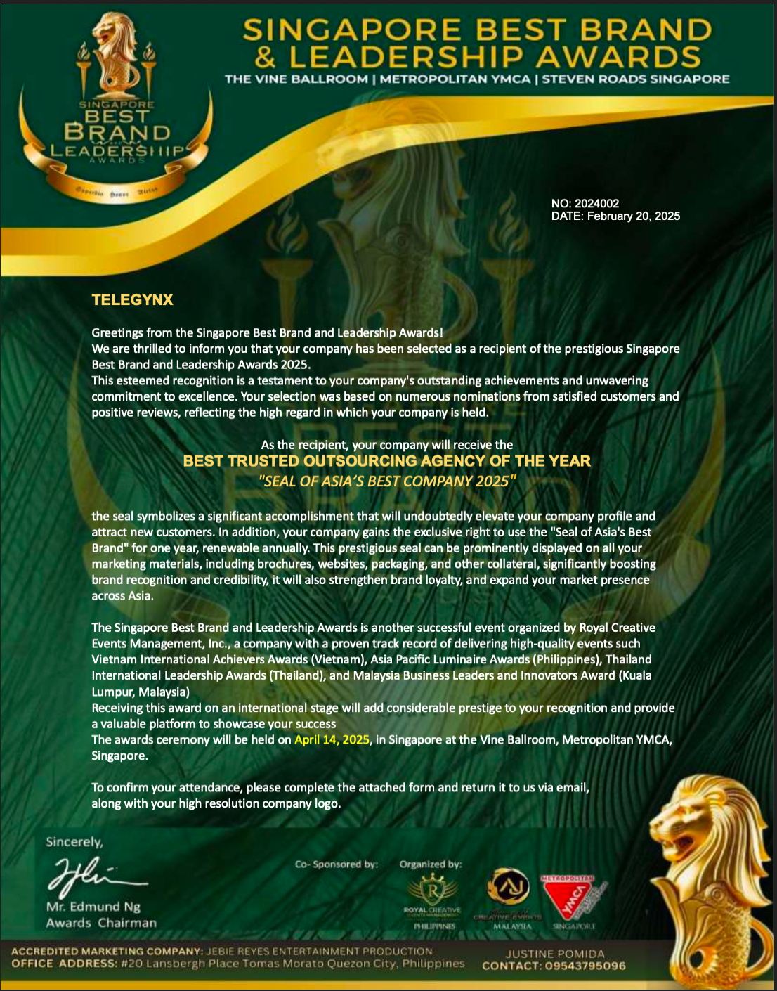 Singapore Best Brand and Leadership Awards, Seal of Asia's Best Company 2025 certificate
